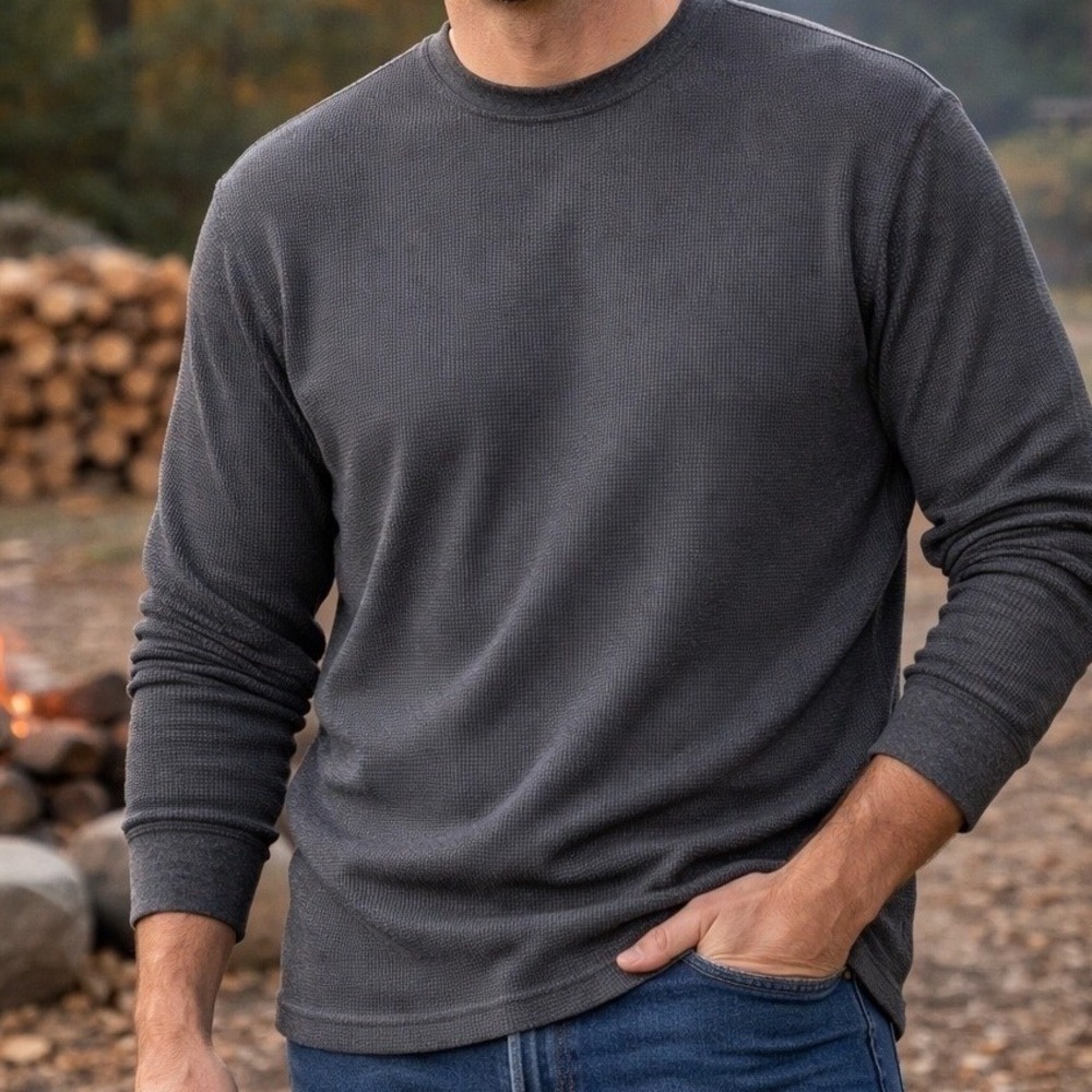 Faded Glory Mens XL Charcoal Gray Waffle Knit Thermal Long Sleeve Shirt Crewneck